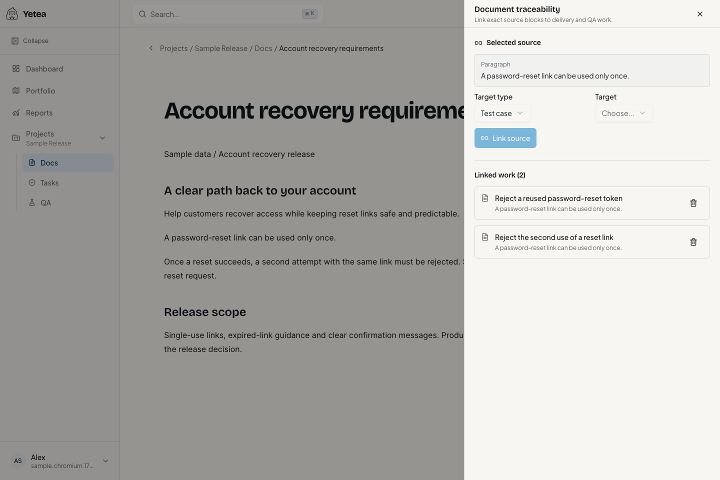 A document requirement linked to its implementation and Test Case.