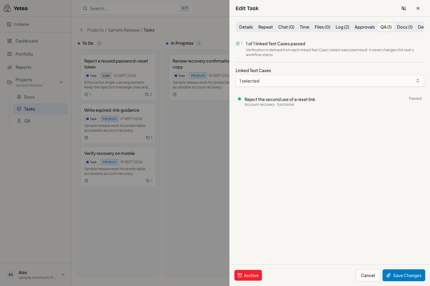 Task details with linked QA evidence and a verification signal.