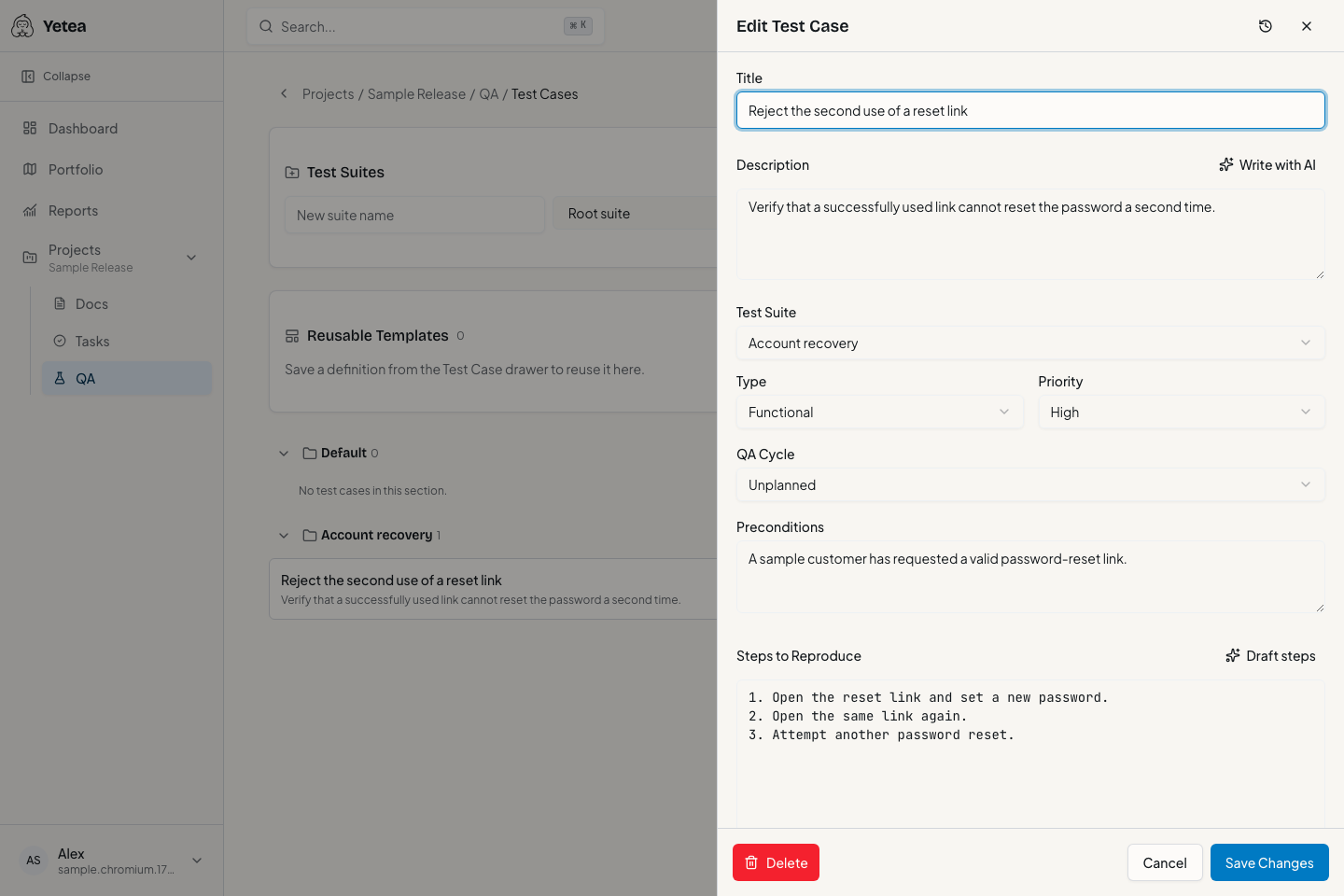 A structured Test Case with preconditions, steps and an expected result.