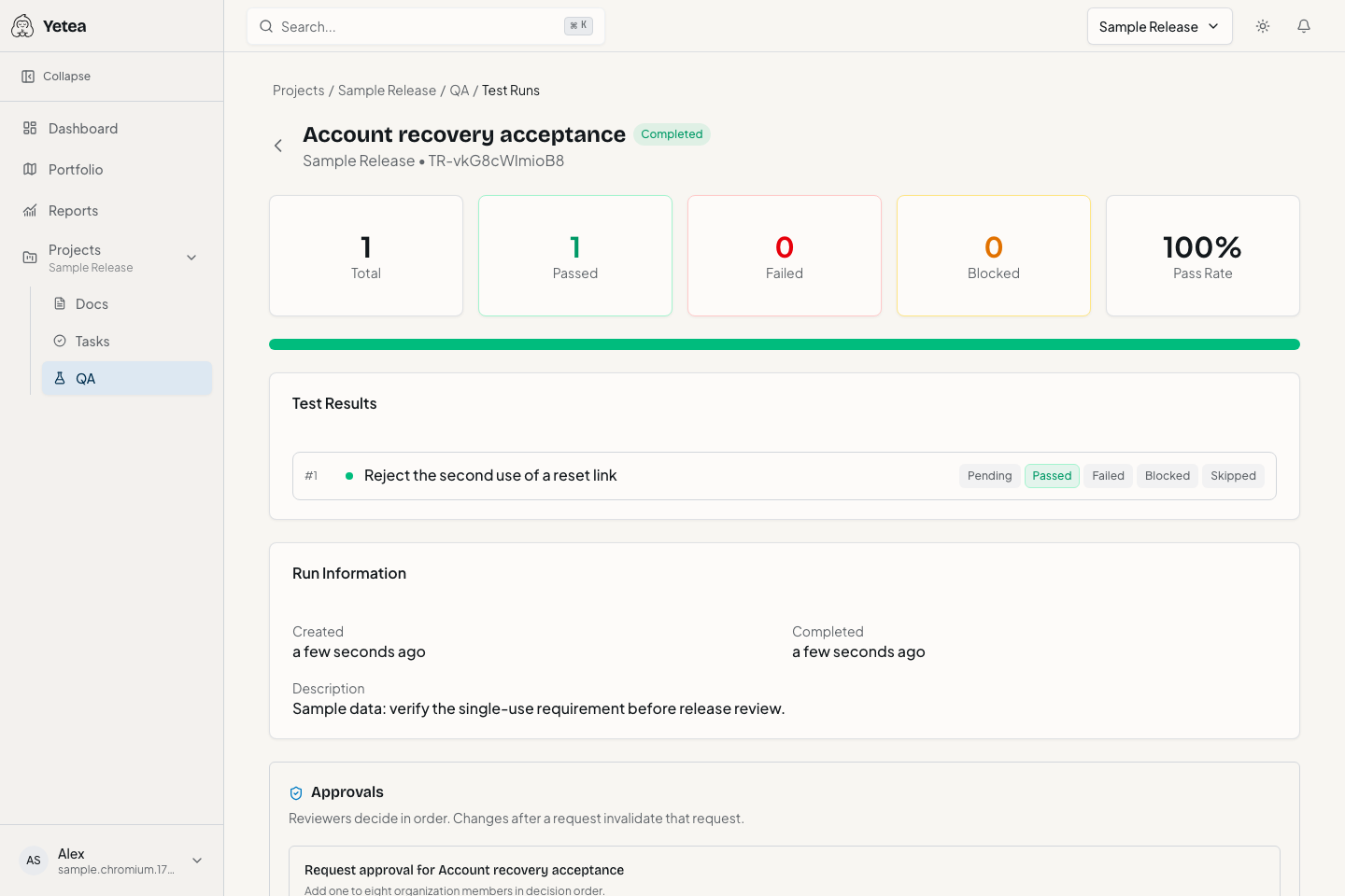 A Test Run records the result of the sample requirement check.